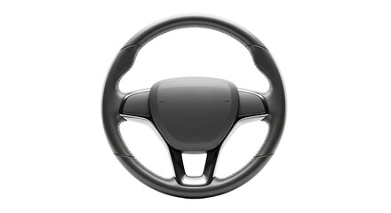 Modern dark grey car steering wheel with silver accents and integrated controls isolated on a transparent background