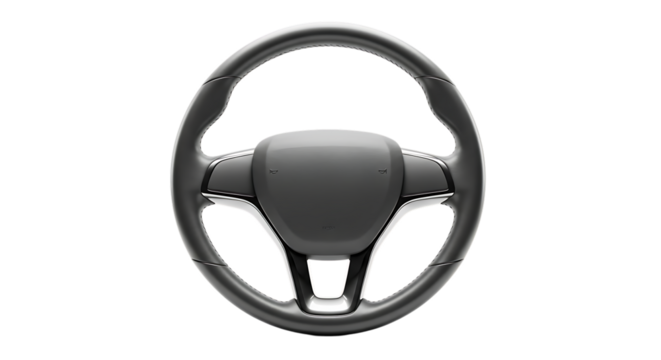 Modern dark grey car steering wheel with silver accents and integrated controls isolated on a transparent background