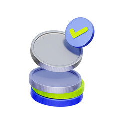 3D icon of stacked coins with a checkmark symbol For successful payment confirmation, transaction approved notification, funds verified message, and deposit complete status.
