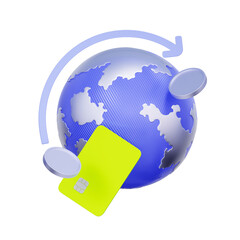3D icon of a globe with a credit card, arrow, and coins For global card payments, international money transfers, currency exchange, and worldwide transactions.
