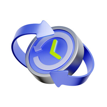 3D icon of a clock with rotating arrows For recurring payments, subscription renewals, automatic billing cycles, and managing payment schedules.