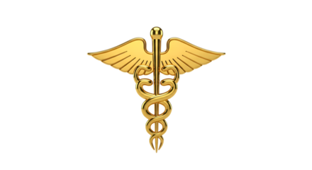 Golden Caduceus Medical Symbol with Wings and Serpent isolated on a transparent background healthcare