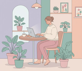Young woman working on a laptop surrounded by lush green plants in a cozy, modern home interior