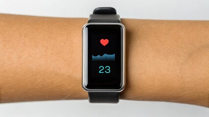 Fitness tracker displaying heart rate and health metrics on a wrist.