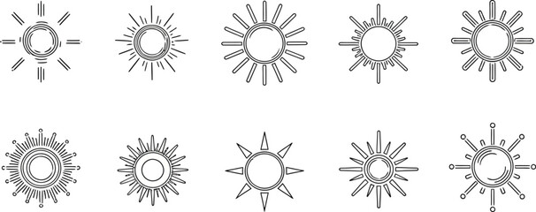 Radiant sunburst icons for a bright, optimistic design, perfect for summer promotions and positive energy, easily customizable for any project