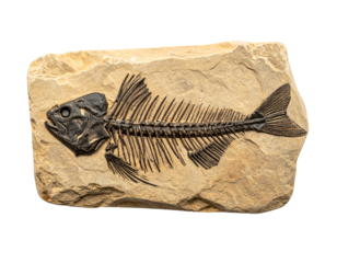 Fossilized fish skeleton imprinted in light tan rock against a dark background