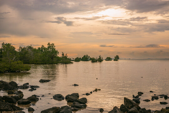 A tranquil coastal sunset with warm orange and pink hues illuminates the rocky shoreline and calm ocean water.