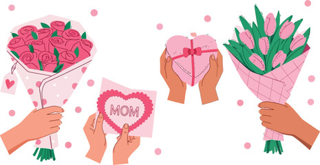 Show your love with roses, tulips, and heartfelt gifts this Mother's Day, perfect for greeting cards, social media posts, and heartwarming digital designs