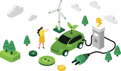 Embrace sustainable transportation with a green electric car powered by wind energy, promoting a cleaner environment for future generations, it's truly eco-friendly