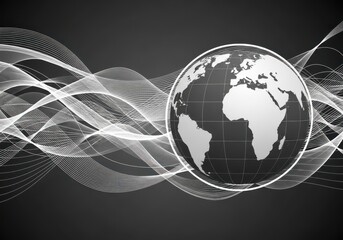 Abstract digital globe with flowing white waves on a dark background