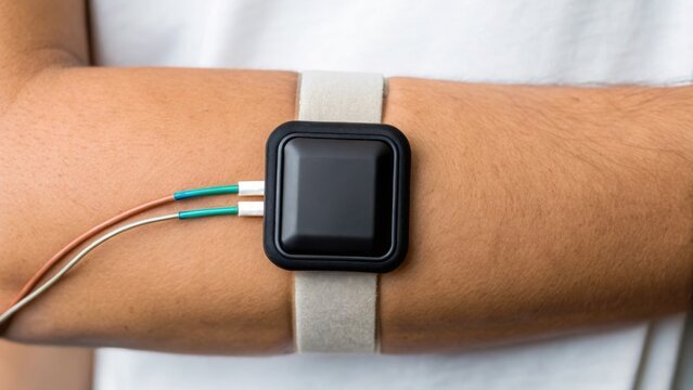 Wearable technology device attached to an arm for health monitoring.