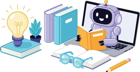 Friendly robot learning from books and laptop creating bright ideas, symbolizing artificial intelligence education in a modern, engaging way