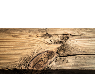 Detailed close-up of weathered, light-colored wooden plank, showcasing knot and grain pattern under bright sunlight