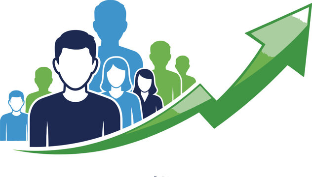 Diverse team of people with an upward trending arrow representing business growth and success illustration isolated on white