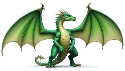 Obraz premium A green dragon standing with its wings spread wide against a plain white studio background image
