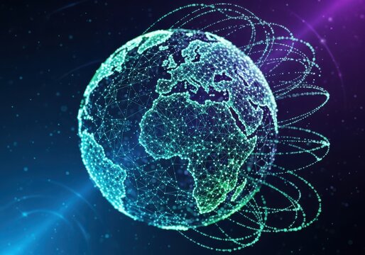 Glowing digital earth with interconnected data streams in outer space