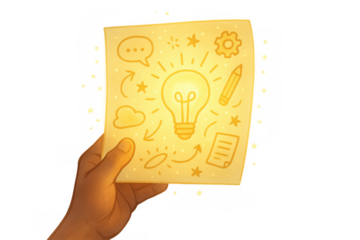 Hand holding glowing idea lightbulb paper, brainstorming innovation, creative thinking, new business project concept