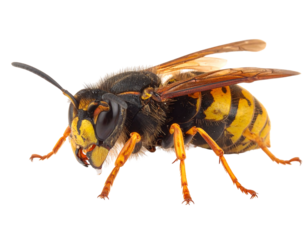 Detailed shot of a large, yellow and black hornet against a black background