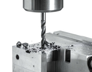 A grayscale image of a drill bit cutting into metal, with metal shavings scattered around the bit