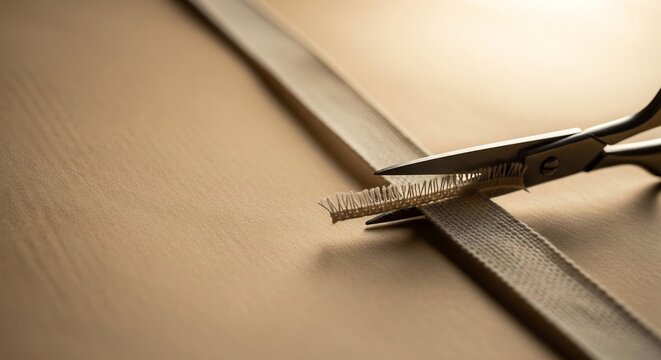 Scissors cutting a tan fabric ribbon on a similarlycolored surface