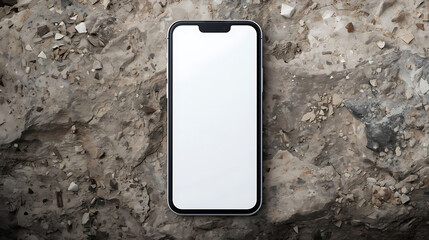 Front view smartphone with blank white screen on rocky mountain background