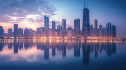 Fototapeta premium Cityscape reflected in water at dusk with a beautiful sky above it