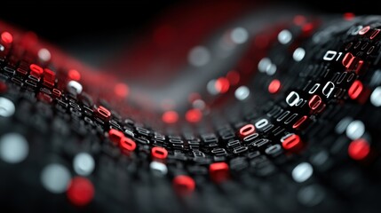 A flowing wave of binary code represented in red and white, suggesting themes of technology and data.