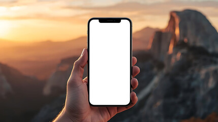 Front view smartphone with blank white screen on rocky mountain background