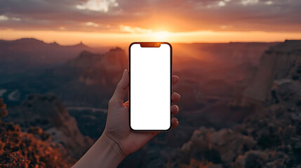 Front view smartphone with blank white screen on rocky mountain background