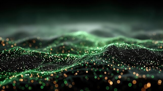 A digital landscape depicting glowing green waves intertwined with shimmering particles, creating a mesmerizing visual effect. - Powered by Adobe