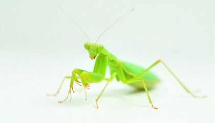 A bright green praying mantis standing on a white surface in a studio setting with soft lighting