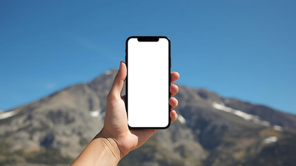 Front view smartphone with blank white screen on rocky mountain background and blue sky