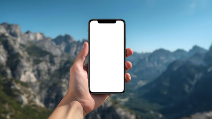 Front view smartphone with blank white screen on rocky mountain background and blue sky