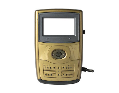 Gold-toned cell phone with a blank white screen, set against a black background, showcasing a classic, slightly dated design
