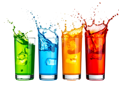 Four colorful drinks splash out of glasses, a vibrant array isolated against a stark black background