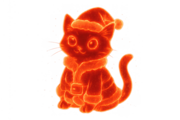 Glowing cartoon kitten wearing santa hat for christmas and winter holidays, transparent background