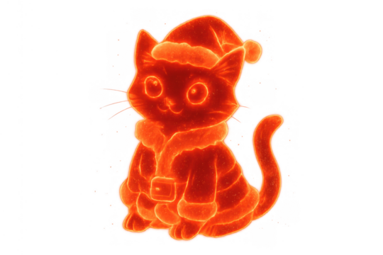 Glowing cartoon kitten wearing santa hat for christmas and winter holidays, transparent background - Powered by Adobe