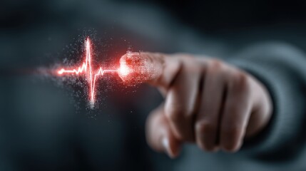 A hand reaches out to touch a glowing digital heartbeat graphic, symbolizing technology's connection to health and wellness.