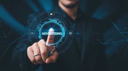 Businessman selects advertising network on futuristic digital interface