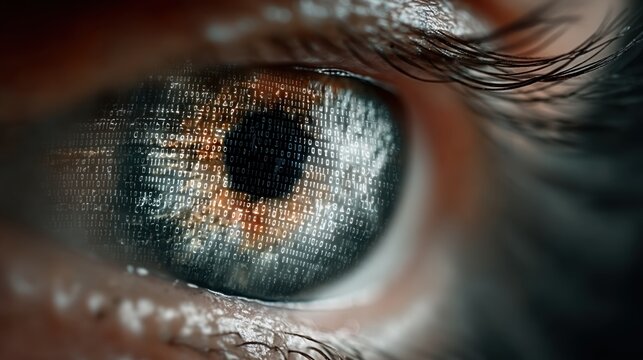A close-up of an eye with a reflection of binary code, symbolizing the merge of technology and human perception.