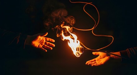 Close-up of two hands with a burning electrical wire in a dark background
