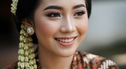 A closeup portrait of a happy Javanese woman smiling warmly, wearing traditional kebaya with intricate batik patterns, natural light highlighting her face, ultra detailed and authentic, 8k resolution