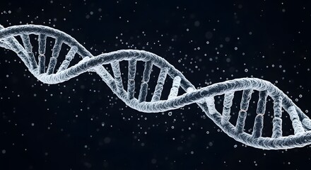 Close-up of a DNA double helix structure against a dark starry background