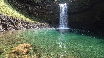 Waterfall with turquoise water in tropical forest on sunny day in summer