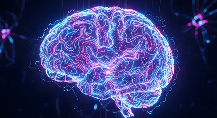 Glowing neon brain with pink and blue circuits on a dark background with abstract connections