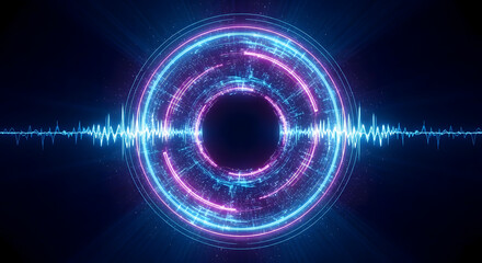 Abstract neon light sound wave and glowing digital portal on dark background.