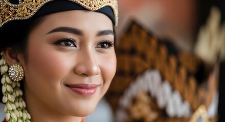 A closeup portrait of a happy Javanese woman smiling warmly, wearing traditional kebaya with intricate batik patterns, natural light highlighting her face, ultra detailed and authentic, 8k resolution
