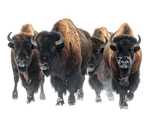 A herd of bison running through a snowy field, dark fur and horns contrast against the white ground