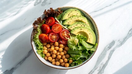 Healthy Buddha bowl with chickpeas, avocado, cherry tomatoes, and lettuce on white marble.
