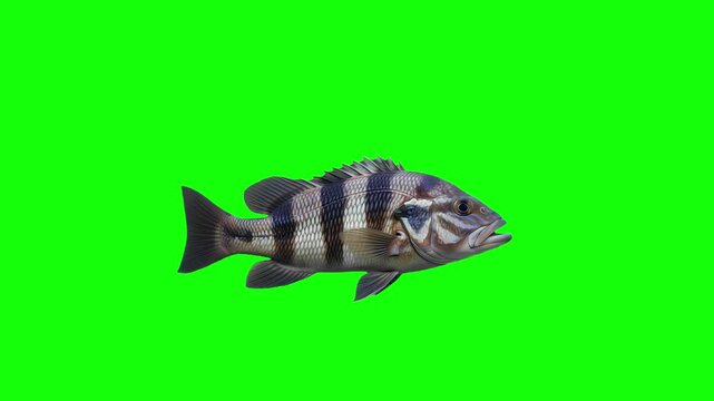 3D Nassau grouper Fish swimming side view loop Animation on green screen, 60fps, 4k Epinephelus striatus Fish float on chroma key